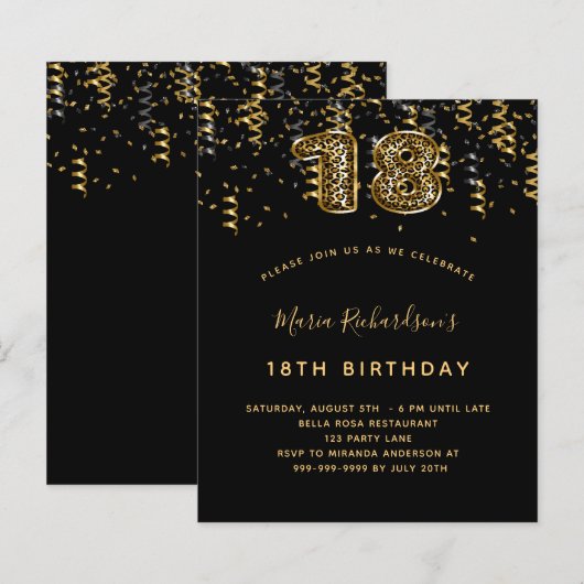 18. Geburtstag schwarzes Goldleopard-Party (Vorne/Hinten)