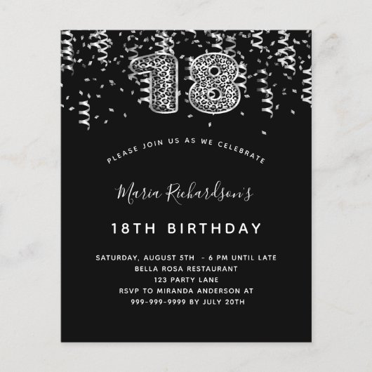 18. Geburtstag schwarzes Silberleoparden Party (Vorderseite)