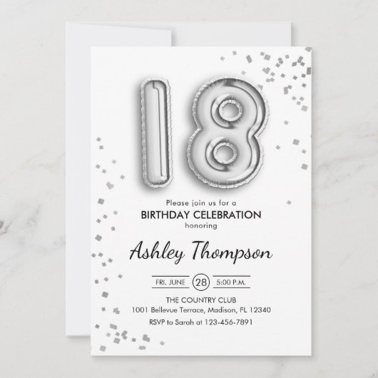 18. Geburtstag - Silberballons Einladung (Vorderseite)