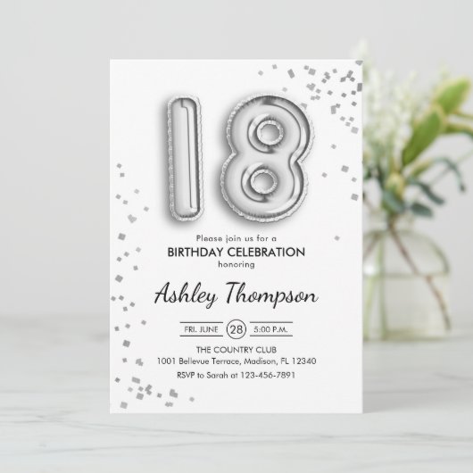18. Geburtstag - Silberballons Einladung (Stehend Vorderseite)