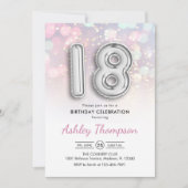 18. Geburtstag - Silberballons Rosa Lichter Einladung (Vorderseite)