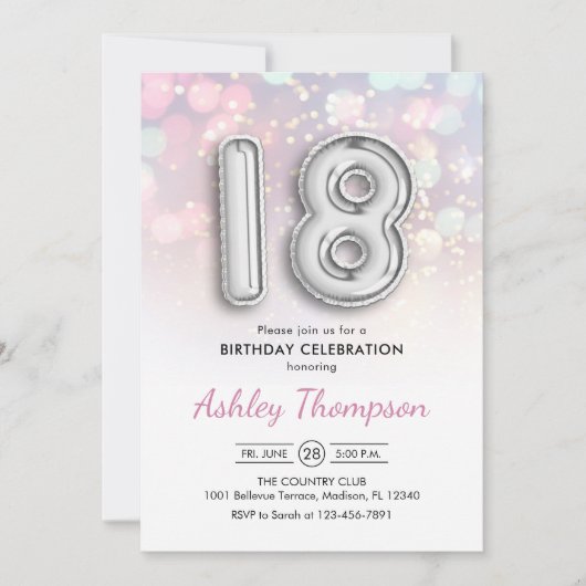 18. Geburtstag - Silberballons Rosa Lichter Einladung (Vorderseite)