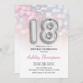 18. Geburtstag - Silberballons Rosa Lichter Einladung (Vorne/Hinten)
