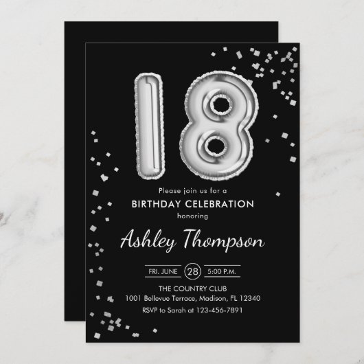 18. Geburtstag - Silberballons schwarz Einladung (Vorne/Hinten)