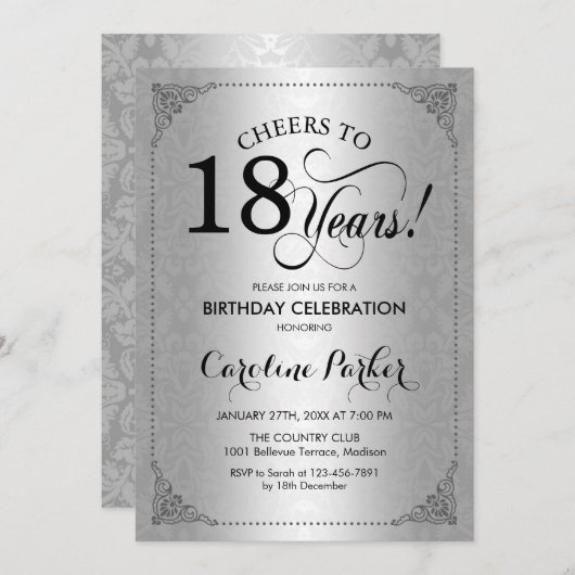 18. Geburtstag - SilberDamaskus Einladung (Vorne/Hinten)
