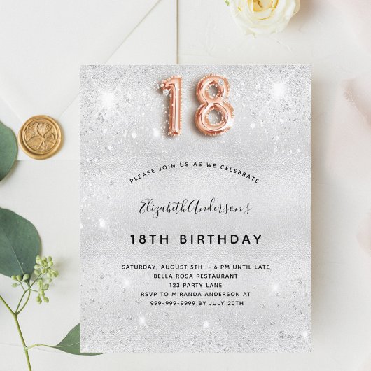 18. Geburtstag Silberne Rose Gold Glitzer Einladun