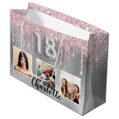18. Geburtstag Silberrosa Glitzer Tropfen Foto Nam Große Geschenktüte (Vorderseite Schrägansicht)
