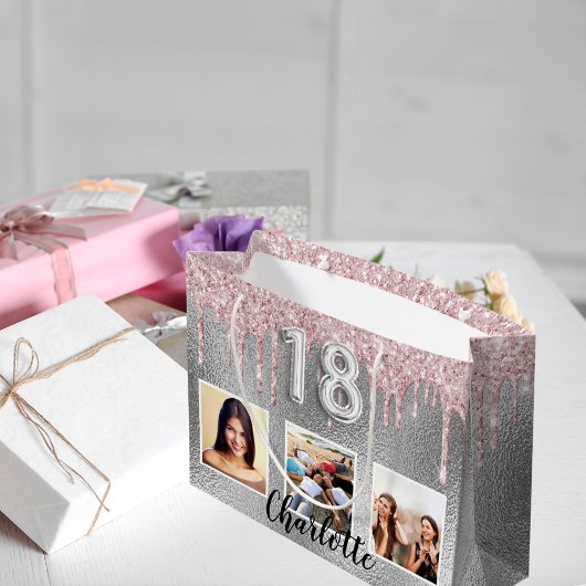 18. Geburtstag Silberrosa Glitzer Tropfen Foto Nam Große Geschenktüte