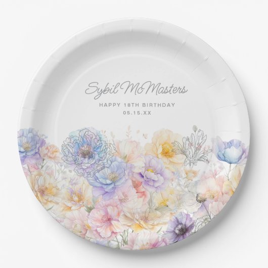18. Geburtstag Sommer Wasserfarben Floral Custom Pappteller (Vorderseite)