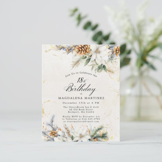 18. Geburtstag Winterweiße Blüteneinladung (Stehend Vorderseite)