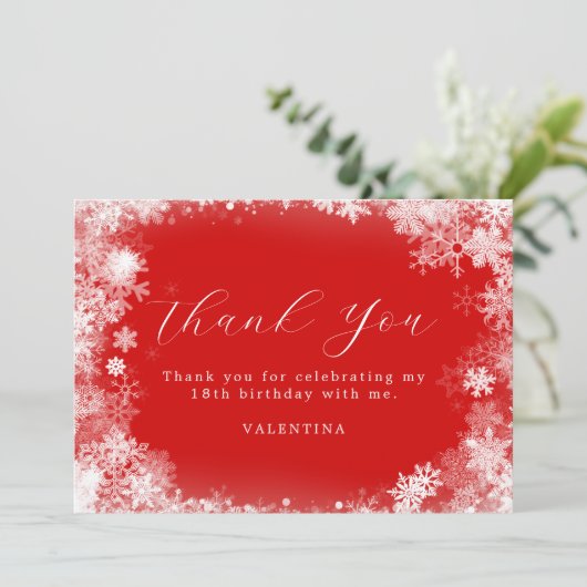18. Geburtstag Winterwonderland Schneeflocke Rot Dankeskarte (Stehend Vorderseite)