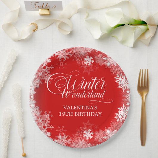 18. Geburtstag Winterwonderland Schneeflocke Rot Pappteller (Hochzeit)