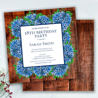 18. Geburtstag Wood Blue Hydrangeas Rustikales Par Einladung