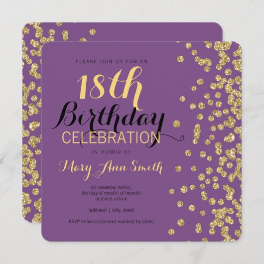 18. Geburtstags-GoldImitat-GlitzerConfetti lila Einladung (Vorne/Hinten)