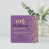 18. Geburtstags-GoldImitat-GlitzerConfetti lila Einladung (Stehend Vorderseite)