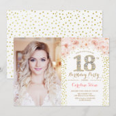 18. Geburtstagsfeier mit Foto - Goldene Rosa Blüte Einladung (Vorne/Hinten)