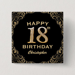 18. Geburtstagsparty Black and Gold Glitzer Frame Button