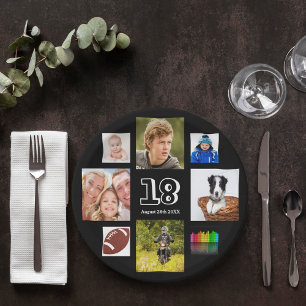 18. Geburtstagsparty Foto Collage Junge schwarz Pappteller