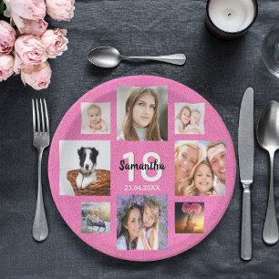 18. Geburtstagsparty Foto Collage Rosa Glitzer Pappteller