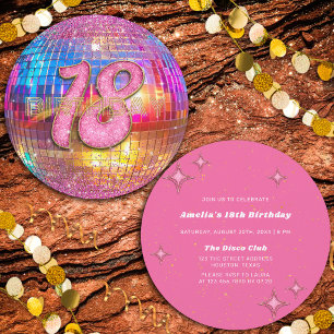18. Geburtstagsparty Gold Pink Glitter Disco-Kugel Einladung