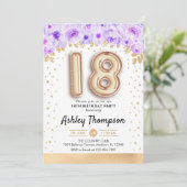 18. Geburtstagsparty - Goldballons Lila Einladung (Stehend Vorderseite)