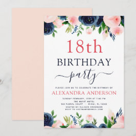 18. Geburtstagsparty Navy Blue Blush Pink Floral Einladung