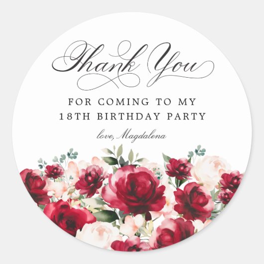 18. Geburtstagsparty Red Pink Floral Vielen Dank Runder Aufkleber (Vorderseite)