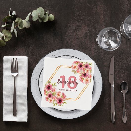 18. Geburtstagsparty rot rosa Blumengeometrie Serviette