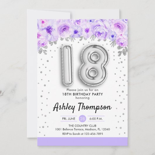 18. Geburtstagsparty - Silberballons Lila Einladung (Vorderseite)