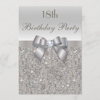 18. Geburtstagsparty Silver Sequins, Bow & Diamond Einladung