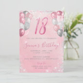 18. Glitzer Geburtstag Pink & Silver Balloons Einladung (Stehend Vorderseite)