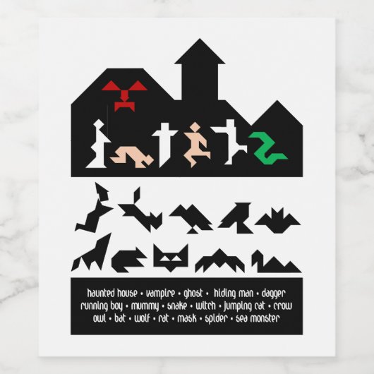 18 Halloween-Tangram-Bilder Weinetikett (Einzelnes Label)