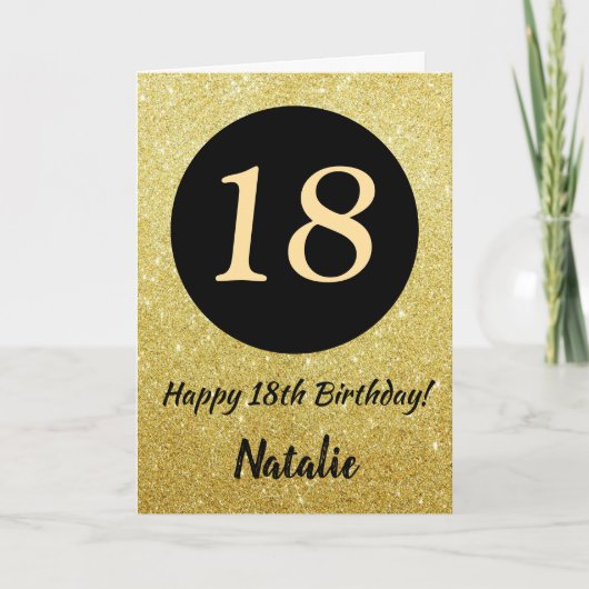 18. Happy Birthday Black and Gold Glitzer Card Karte (Vorderseite)