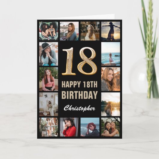 18. Happy Geburtstag Schwarz und Gold Foto Collage Karte (Vorderseite)