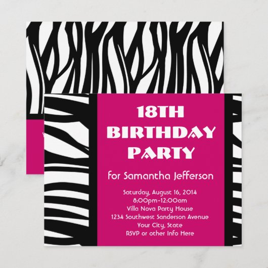 18. Hot Pink Zebra Einladungen (Vorne/Hinten)