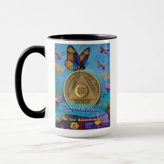 18 Jahre INDIVIDUELLE NAME OM Schmetterlinge Blume Tasse (Links)