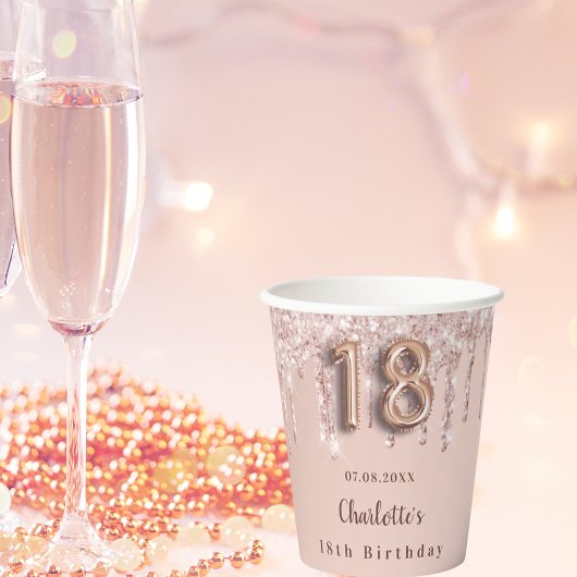 18. Rose Gold Glitzer Tropfen Monogramm Pappbecher