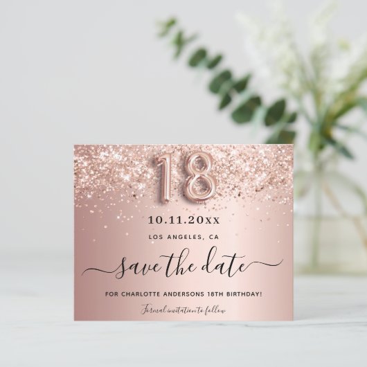 18. Rose Goldblush Save the Date Karte (Stehend Vorderseite)