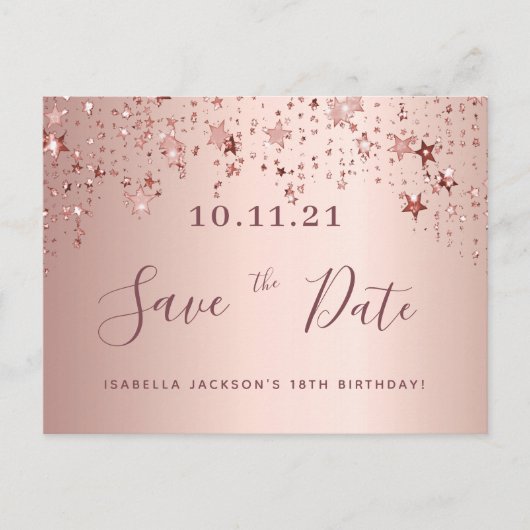 18. Rose Goldsterne Save the Date Postkarte (Vorderseite)
