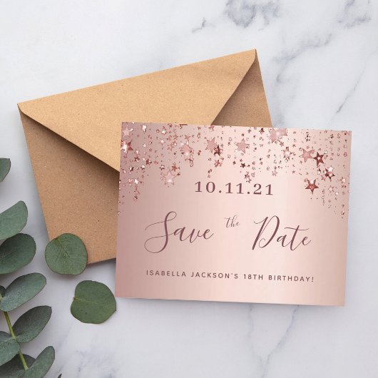 18. Rose Goldsterne Save the Date Postkarte