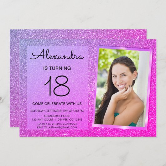 18. Sparkle Glitzer Girly Pink und Lila Einladung (Vorne/Hinten)