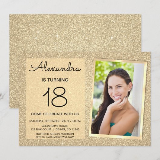 18. Sparkle Glitzer Luxury Gold Foto Einladung (Vorne/Hinten)