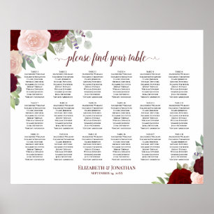 18 Tabelle Burgundy Red & Pink Roses Seating Chart Poster
