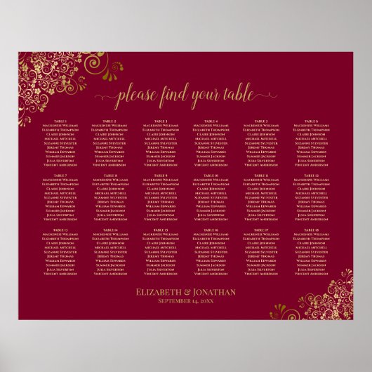 18 Tabelle Elegant Burgund und Gold Seating Chart Poster (Vorne)