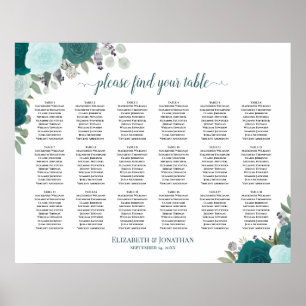 18 Tabelle Elegante Aquamarine Rose Hochzeitsdiagr Poster