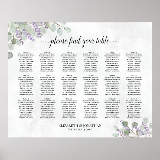 18 Tabelle Eukalyptus Lavender Wedding Seating Cha Poster (Vorne)