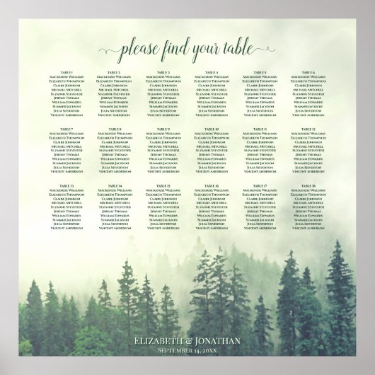 18 Tabelle Foggy Green Pines Wedding Seating Chart Poster (Vorne)