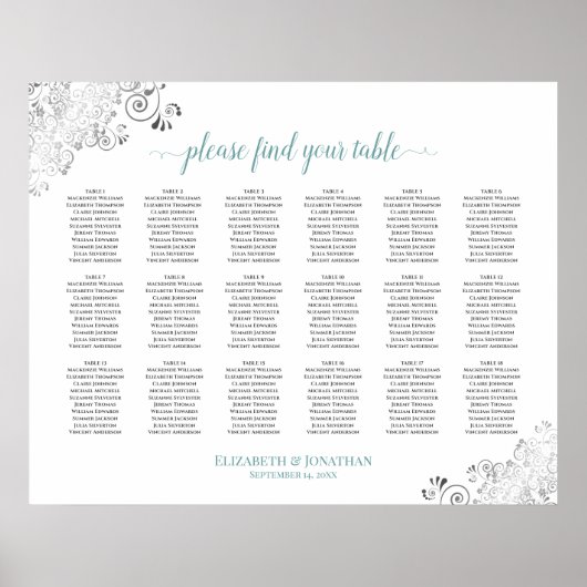 18 Tabelle Frily White Wedding Seating Chart Aquam Poster (Vorne)