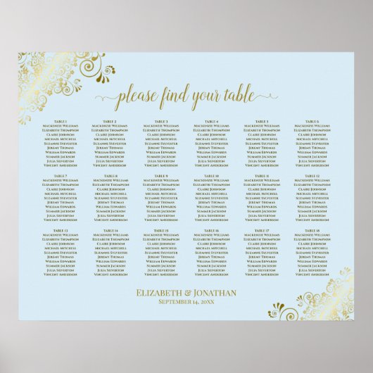 18 Tabelle Hochzeitskartentuch Blau & Gold Poster (Vorne)
