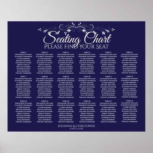 18 Table Elegant Navy Blue Wedding Seating Chart Poster (Vorne)
